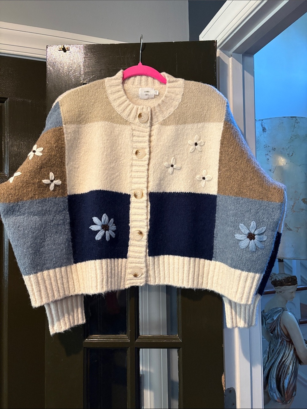 LUNA IVY Patchwork Floral Knit Cardigan Sweater - Cream, Navy & Light Blue